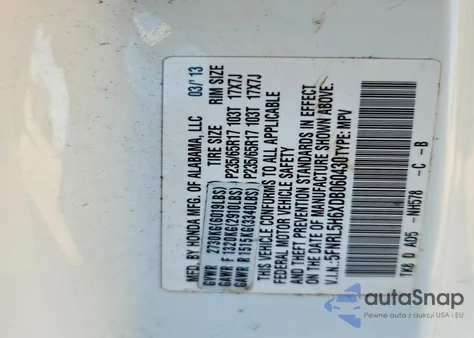 2013 Honda Odyssey Exl из США, поврежденный, VIN 5FNRL5H6XDB060430